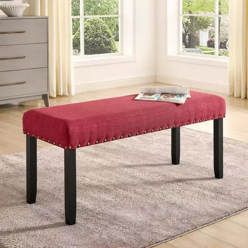 Panca da Pranzo Imbottita 44" con Borchie Decorative – Tessuto in Poliestere, Gambe in Legno Massello, 2 Posti