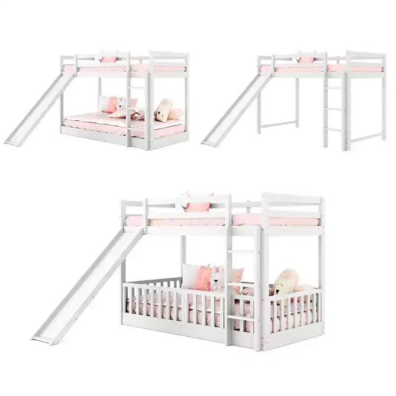 Letto a castello singolo su singolo con scivolo e scaletta, bianco