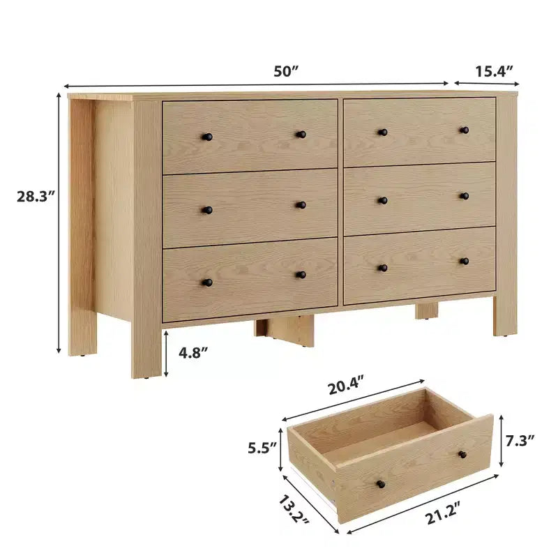 Cassettiera doppia a 6 cassetti in Rovere Naturale – Cassetti Profondi, Maniglie in Metallo e Sicurezza Antiribaltamento per Camera da Letto o Ingresso