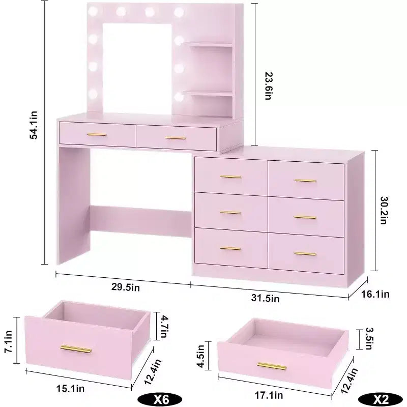 Toeletta da trucco rosa da 155 cm con specchio illuminato – 8 cassetti, mensole a 2 ripiani e illuminazione LED a 3 modalità