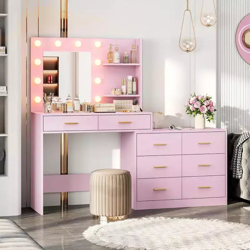 Toeletta da trucco rosa da 155 cm con specchio illuminato – 8 cassetti, mensole a 2 ripiani e illuminazione LED a 3 modalità