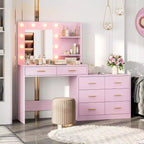 Toeletta da trucco rosa da 155 cm con specchio illuminato – 8 cassetti, mensole a 2 ripiani e illuminazione LED a 3 modalità