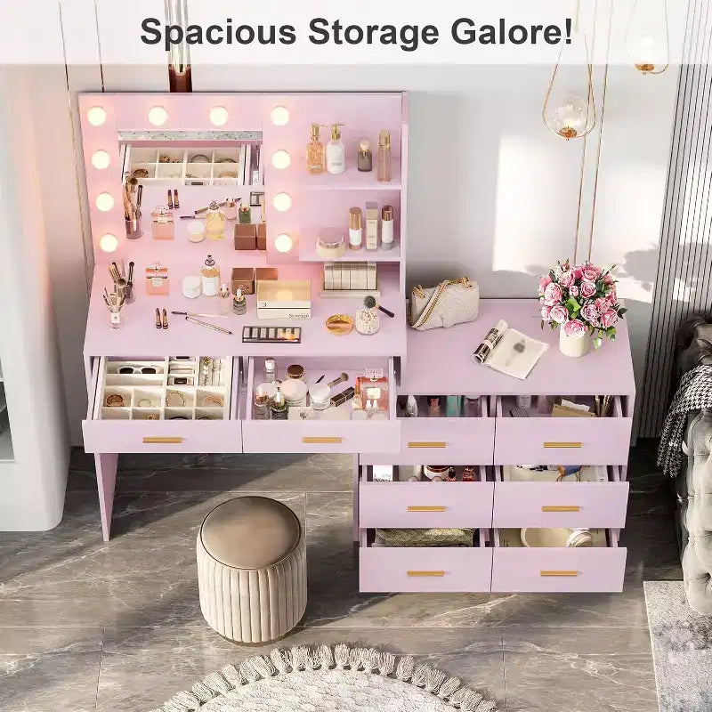 Toeletta da trucco rosa da 155 cm con specchio illuminato – 8 cassetti, mensole a 2 ripiani e illuminazione LED a 3 modalità