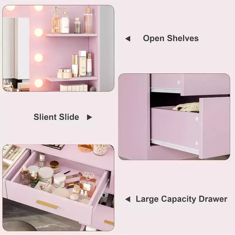 Toeletta da trucco rosa da 155 cm con specchio illuminato – 8 cassetti, mensole a 2 ripiani e illuminazione LED a 3 modalità