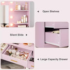 Toeletta da trucco rosa da 155 cm con specchio illuminato – 8 cassetti, mensole a 2 ripiani e illuminazione LED a 3 modalità