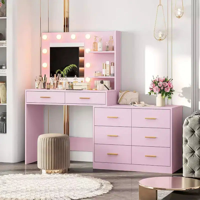 Toeletta da trucco rosa da 155 cm con specchio illuminato – 8 cassetti, mensole a 2 ripiani e illuminazione LED a 3 modalità