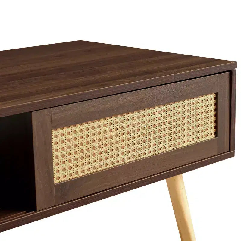 Tavolino da caffè in rattan con vano contenitore a sportello scorrevole | Gambe in legno massello, Noce, 104 cm