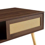 Tavolino da caffè in rattan con vano contenitore a sportello scorrevole | Gambe in legno massello, Noce, 104 cm