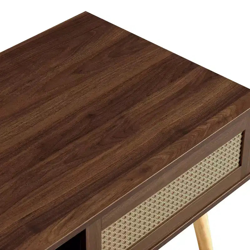 Tavolino da caffè in rattan con vano contenitore a sportello scorrevole | Gambe in legno massello, Noce, 104 cm