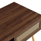 Tavolino da caffè in rattan con vano contenitore a sportello scorrevole | Gambe in legno massello, Noce, 104 cm