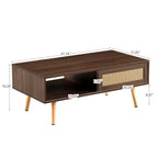 Tavolino da caffè in rattan con vano contenitore a sportello scorrevole | Gambe in legno massello, Noce, 104 cm