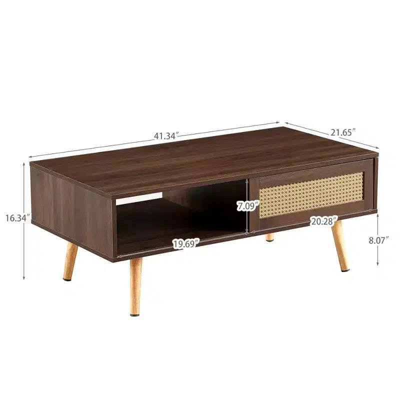 Tavolino da caffè in rattan con vano contenitore a sportello scorrevole | Gambe in legno massello, Noce, 104 cm