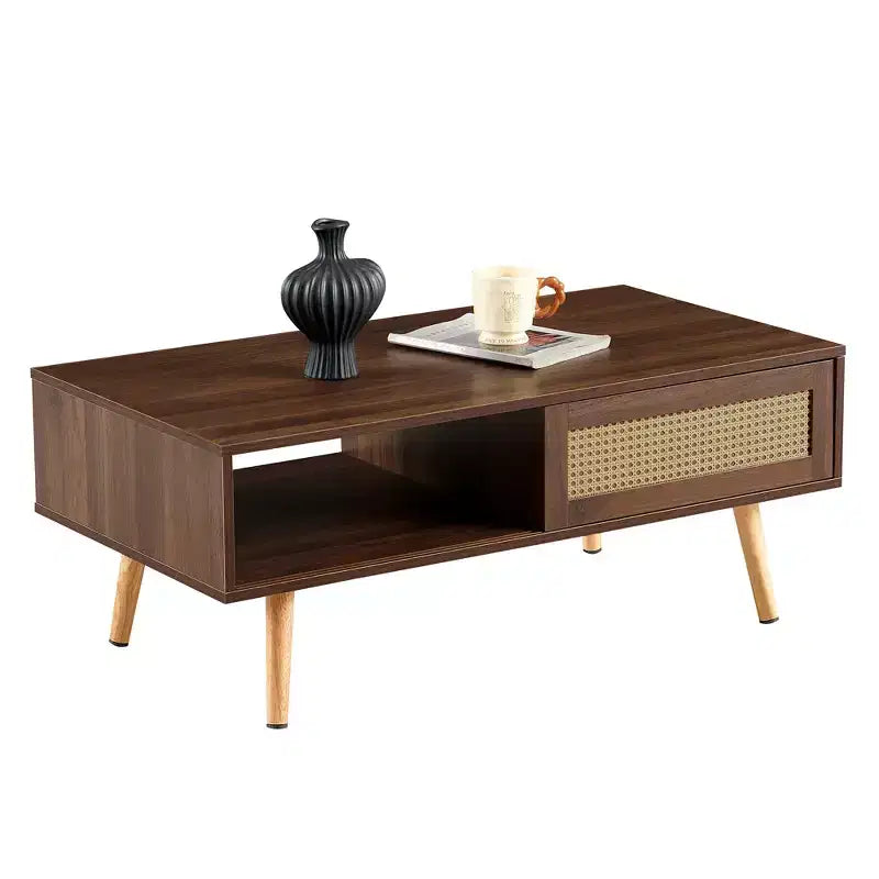 Tavolino da caffè in rattan con vano contenitore a sportello scorrevole | Gambe in legno massello, Noce, 104 cm