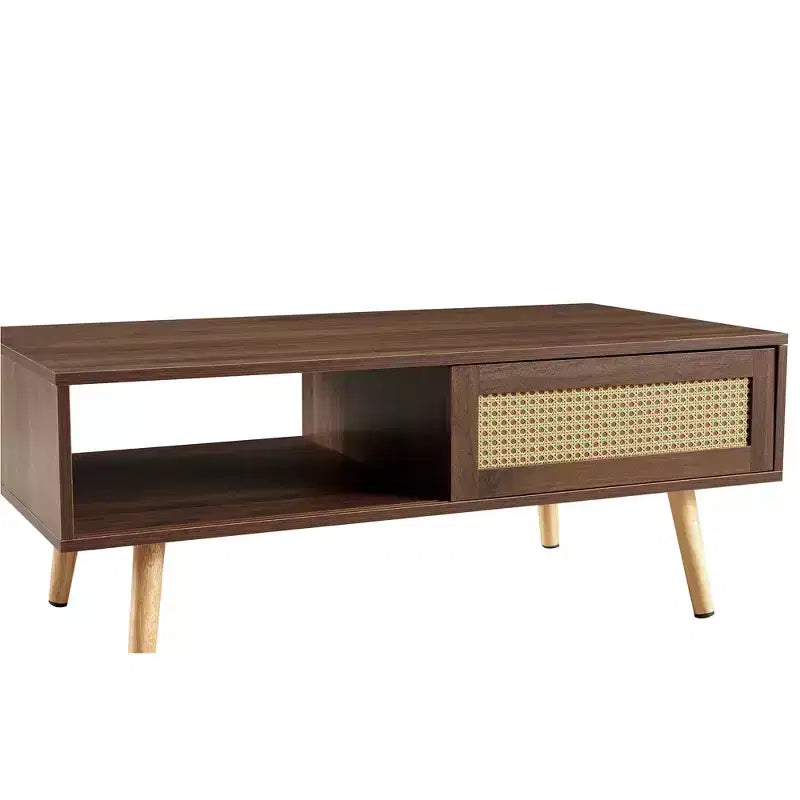 Tavolino da caffè in rattan con vano contenitore a sportello scorrevole | Gambe in legno massello, Noce, 104 cm