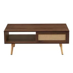 Tavolino da caffè in rattan con vano contenitore a sportello scorrevole | Gambe in legno massello, Noce, 104 cm