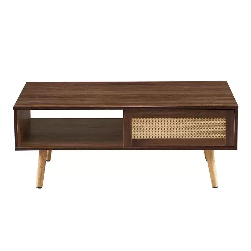 Tavolino da caffè in rattan con vano contenitore a sportello scorrevole | Gambe in legno massello, Noce, 104 cm
