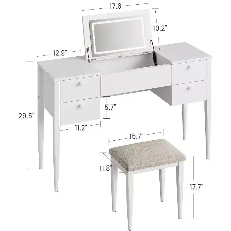 Scrivania da trucco da 47" con specchio a ribalta, luci LED, 3 modalità di illuminazione, 5 cassetti, tavolo 3 in 1 con sedia, bianco e oro