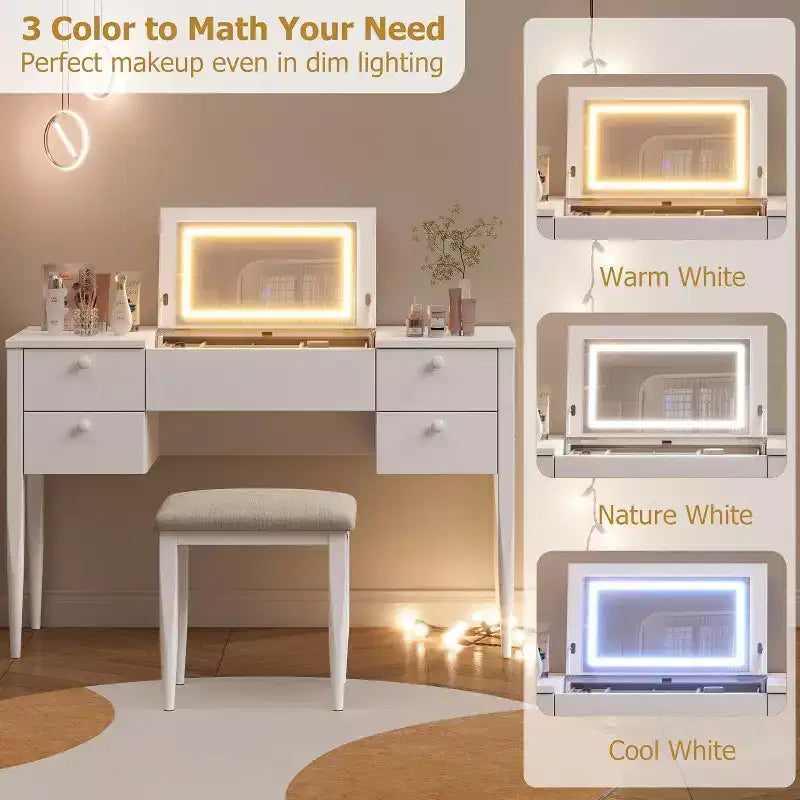 Scrivania da trucco da 47" con specchio a ribalta, luci LED, 3 modalità di illuminazione, 5 cassetti, tavolo 3 in 1 con sedia, bianco e oro