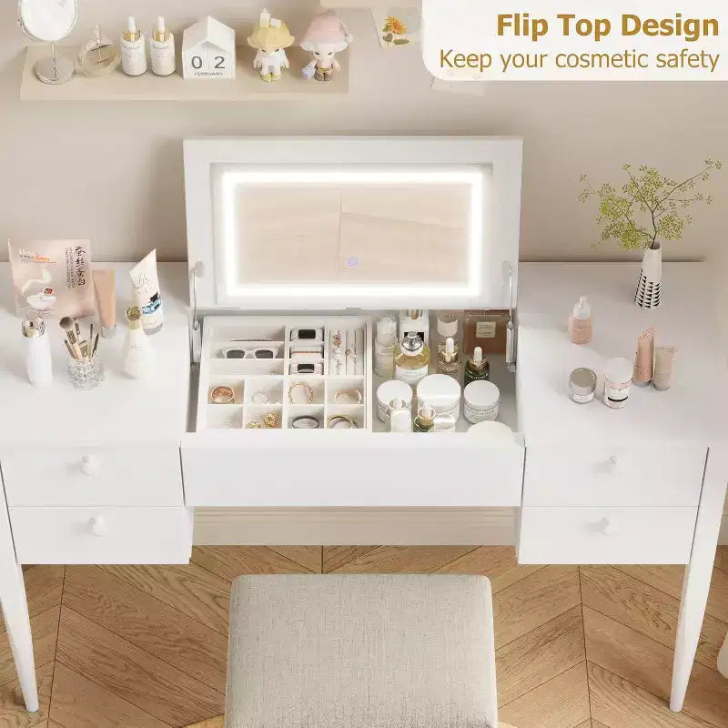 Scrivania da trucco da 47" con specchio a ribalta, luci LED, 3 modalità di illuminazione, 5 cassetti, tavolo 3 in 1 con sedia, bianco e oro