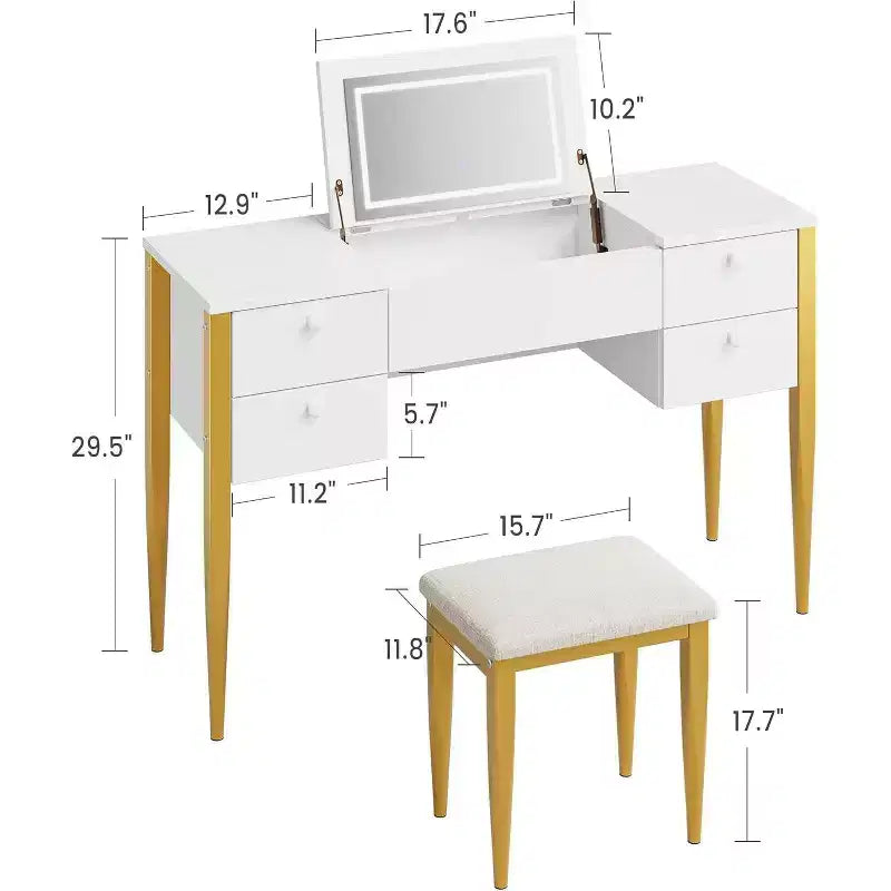 Scrivania da trucco da 47" con specchio a ribalta, luci LED, 3 modalità di illuminazione, 5 cassetti, tavolo 3 in 1 con sedia, bianco e oro