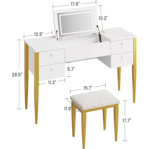 Scrivania da trucco da 47" con specchio a ribalta, luci LED, 3 modalità di illuminazione, 5 cassetti, tavolo 3 in 1 con sedia, bianco e oro