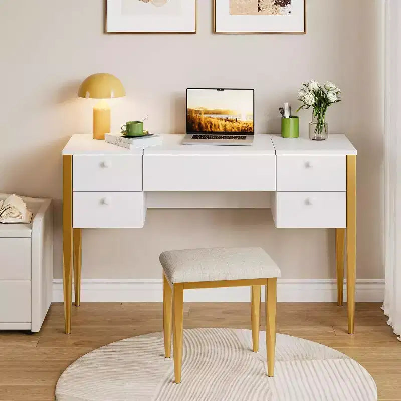 Scrivania da trucco da 47" con specchio a ribalta, luci LED, 3 modalità di illuminazione, 5 cassetti, tavolo 3 in 1 con sedia, bianco e oro