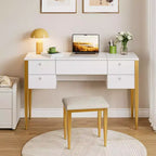 Scrivania da trucco da 47" con specchio a ribalta, luci LED, 3 modalità di illuminazione, 5 cassetti, tavolo 3 in 1 con sedia, bianco e oro
