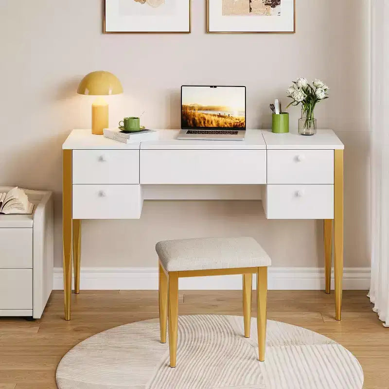 Scrivania da trucco da 47" con specchio a ribalta, luci LED, 3 modalità di illuminazione, 5 cassetti, tavolo 3 in 1 con sedia, bianco e oro