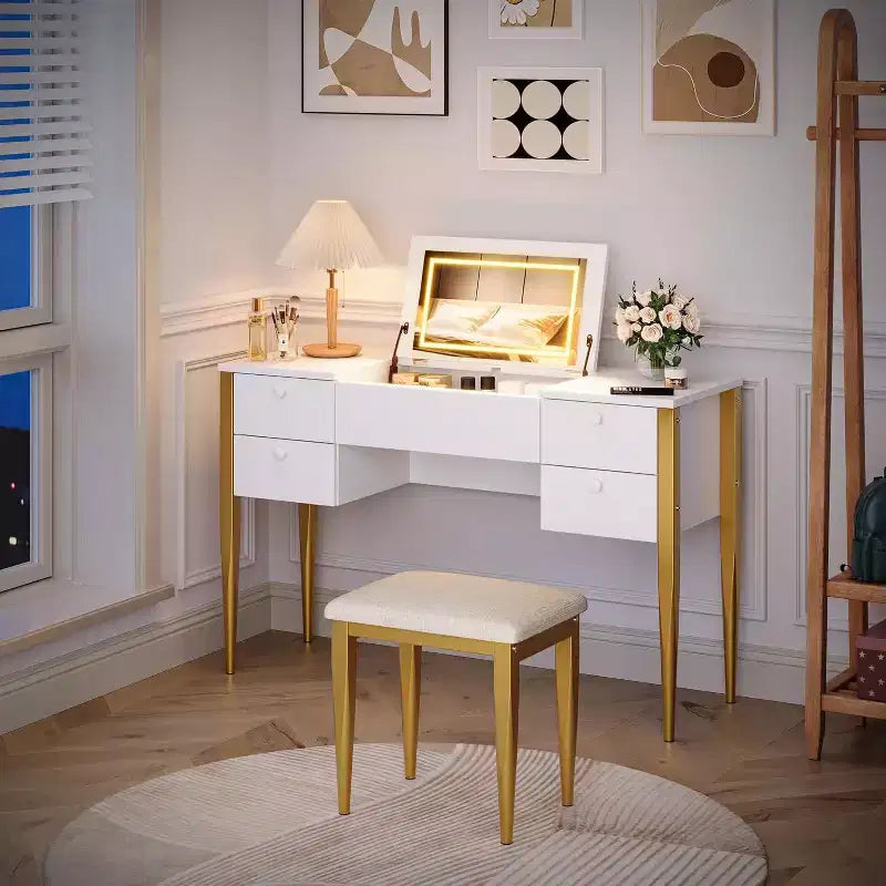 Scrivania da trucco da 47" con specchio a ribalta, luci LED, 3 modalità di illuminazione, 5 cassetti, tavolo 3 in 1 con sedia, bianco e oro
