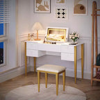 Scrivania da trucco da 47" con specchio a ribalta, luci LED, 3 modalità di illuminazione, 5 cassetti, tavolo 3 in 1 con sedia, bianco e oro