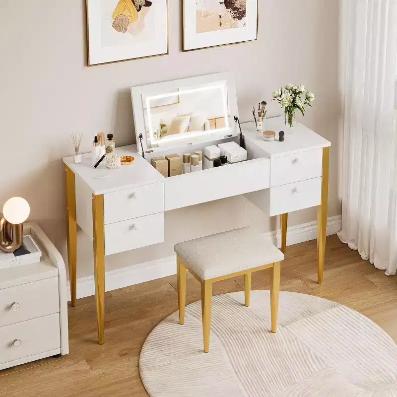 Scrivania da trucco da 47" con specchio a ribalta, luci LED, 3 modalità di illuminazione, 5 cassetti, tavolo 3 in 1 con sedia, bianco e oro