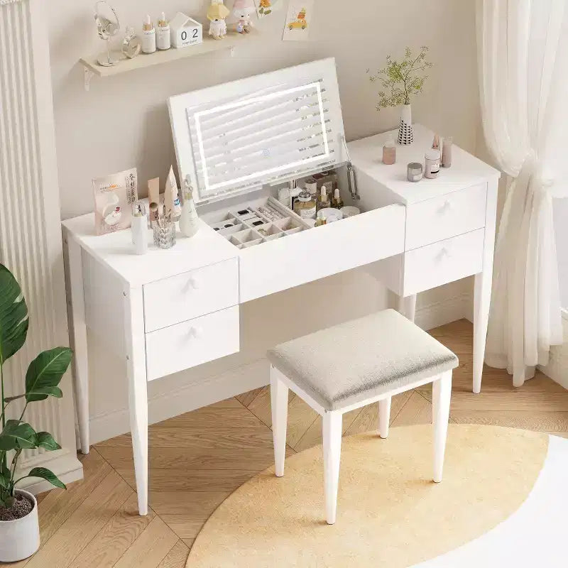 Scrivania da trucco da 47" con specchio a ribalta, luci LED, 3 modalità di illuminazione, 5 cassetti, tavolo 3 in 1 con sedia, bianco e oro
