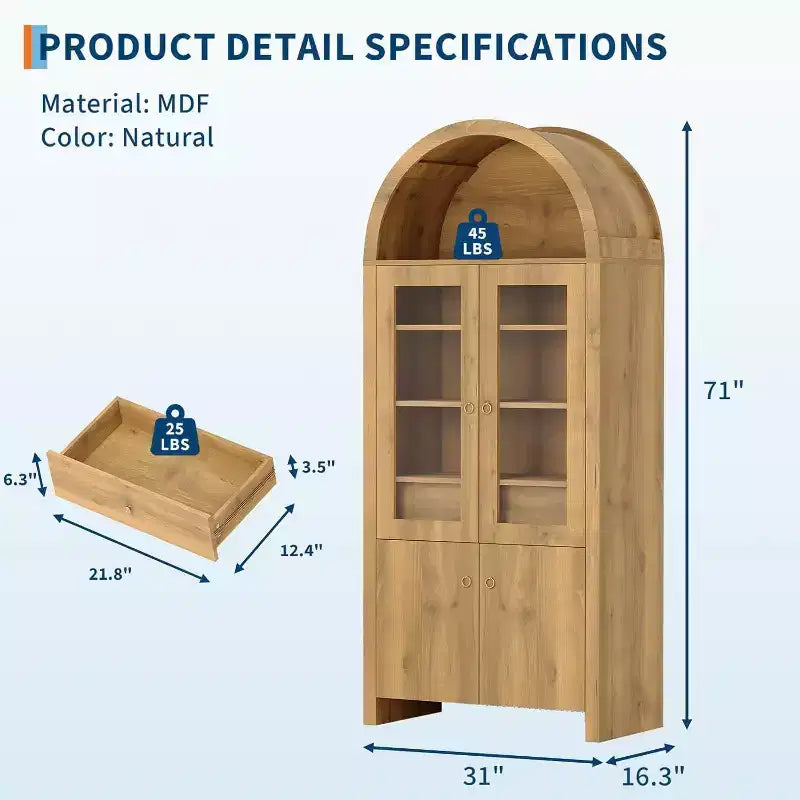 Pensile da dispensa ad arco stile fattoria alto 180 cm con ante in acrilico e ripiani regolabili – Mobile contenitore per cucina e soggiorno