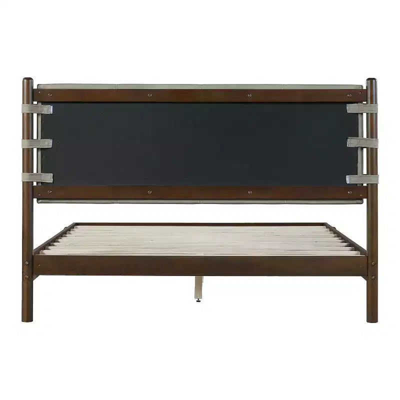 Letto a piattaforma in legno di gomma Mid-Century con testiera a cinghie in similpelle | Queen & King