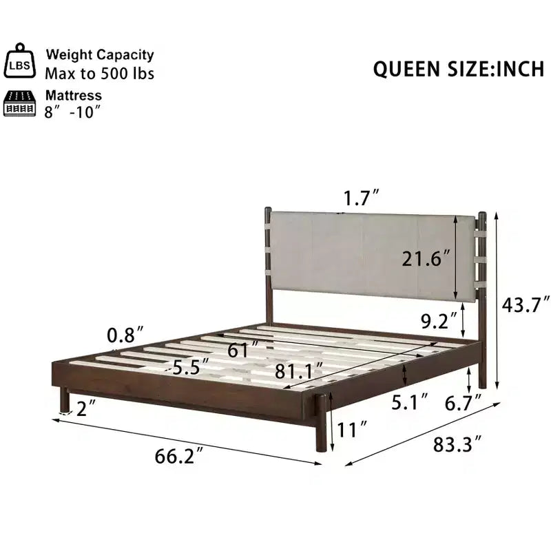 Letto a piattaforma in legno di gomma Mid-Century con testiera a cinghie in similpelle | Queen & King