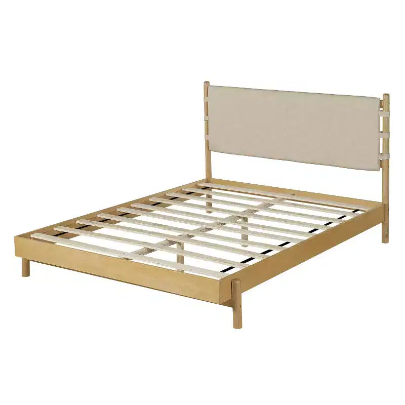 Letto a piattaforma in legno di gomma Mid-Century con testiera a cinghie in similpelle | Queen & King