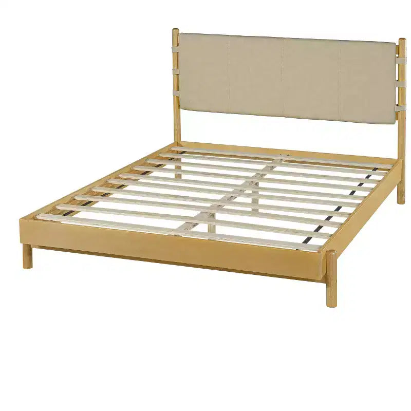 Letto a piattaforma in legno di gomma Mid-Century con testiera a cinghie in similpelle | Queen & King