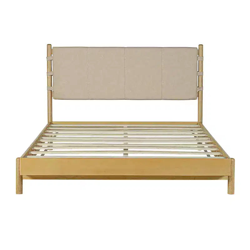 Letto a piattaforma in legno di gomma Mid-Century con testiera a cinghie in similpelle | Queen & King