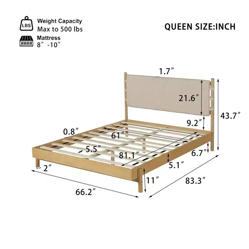 Letto a piattaforma in legno di gomma Mid-Century con testiera a cinghie in similpelle | Queen & King