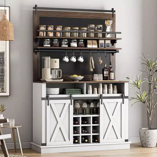 75-Inch Tall Coffee Hutch Cabinet with Sliding Barn Doors, Large Farmhouse Kitchen Buffet Cabinet, Spacious Storage Sideboard for Dining Room