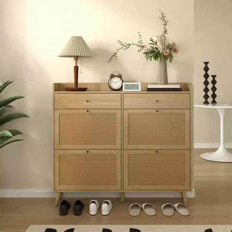 Shoe Storage Cabinet with 4 Flip Drawers, Rattan Freestanding Shoe Organizer, Hidden Slim Shoe Rack Cabinet For Hallway Living Room Apartment