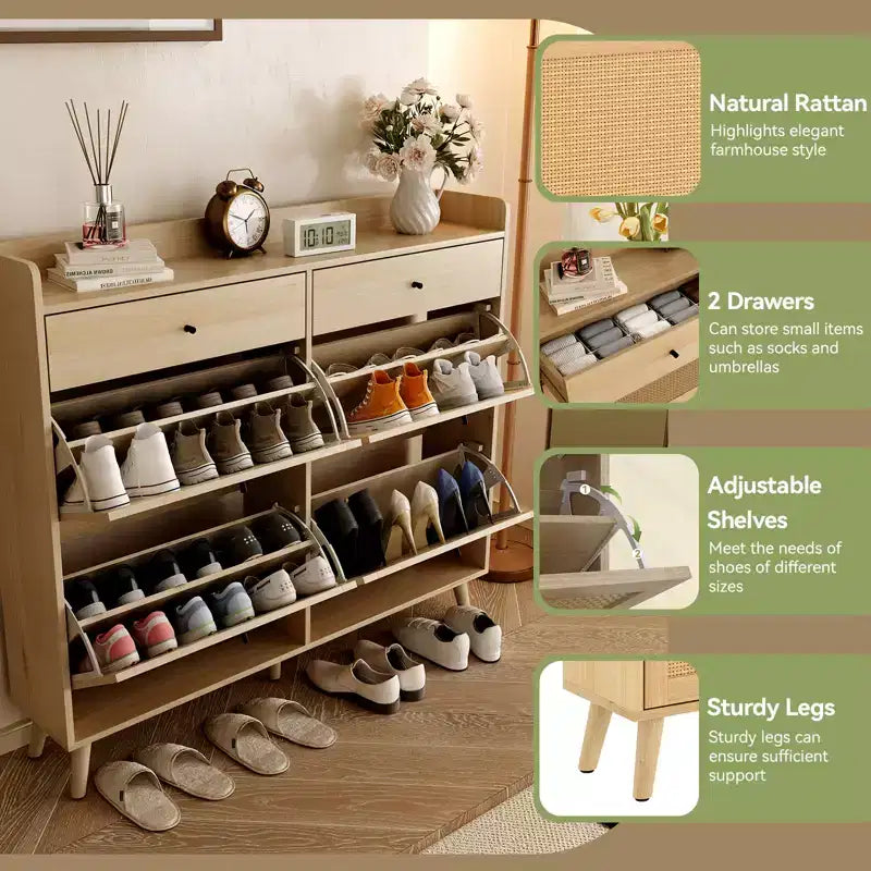 Scarpiera con 4 Ante a Ribalta, Organizzatore per Scarpe Indipendente in Rattan, Scarpiera Sottile Nascosta per Ingresso Soggiorno Appartamento