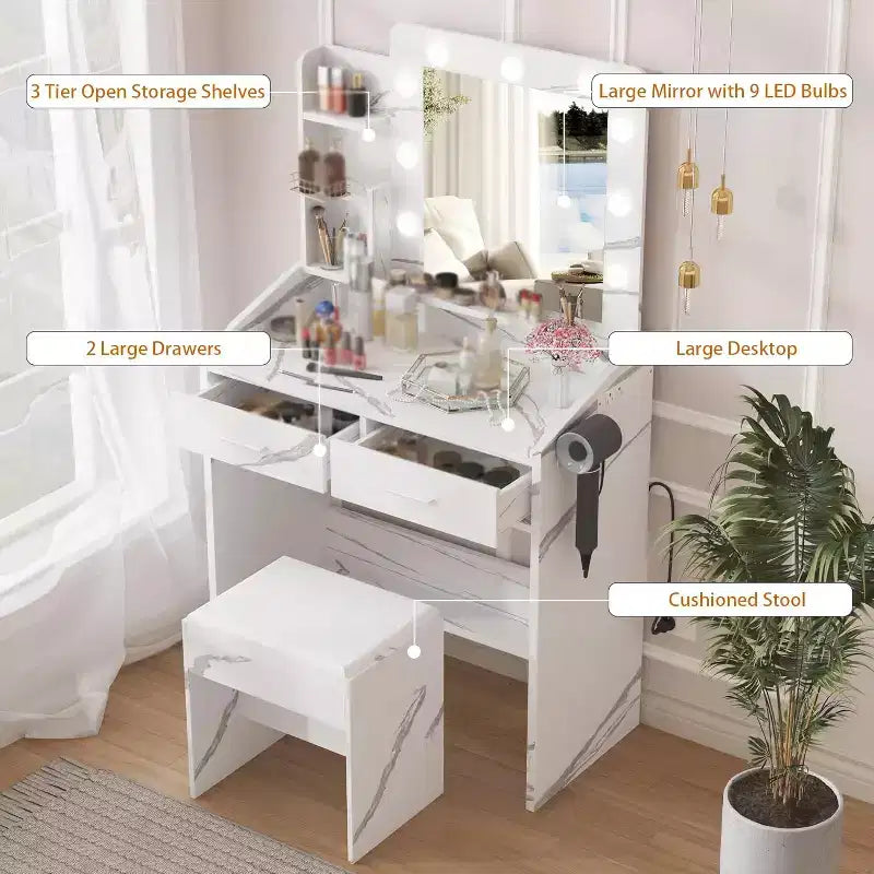 Toeletta con Specchio, Sgabello e Luci a 3 Colori, Tavolo Trucco con Presa di Corrente, Tavolo da Trucco con Supporto per Asciugacapelli per Camera da Letto