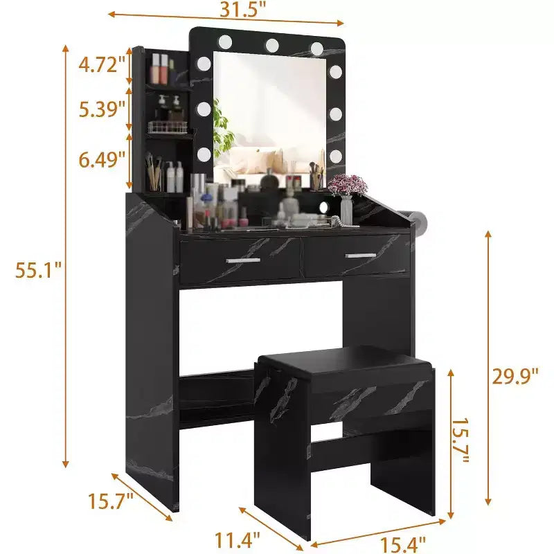 Toeletta con Specchio, Sgabello e Luci a 3 Colori, Tavolo Trucco con Presa di Corrente, Tavolo da Trucco con Supporto per Asciugacapelli per Camera da Letto