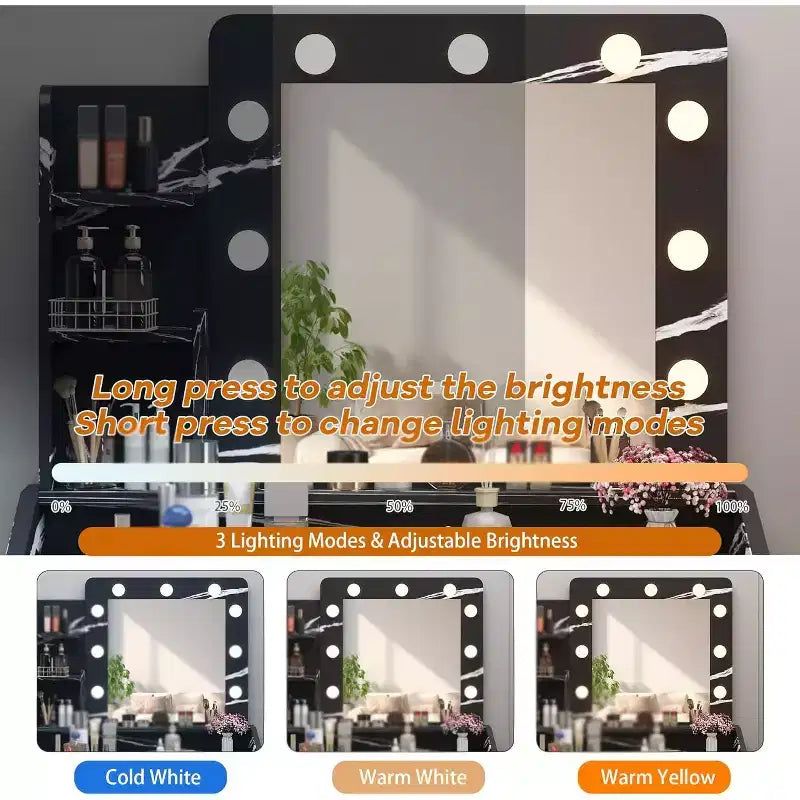 Toeletta con Specchio, Sgabello e Luci a 3 Colori, Tavolo Trucco con Presa di Corrente, Tavolo da Trucco con Supporto per Asciugacapelli per Camera da Letto