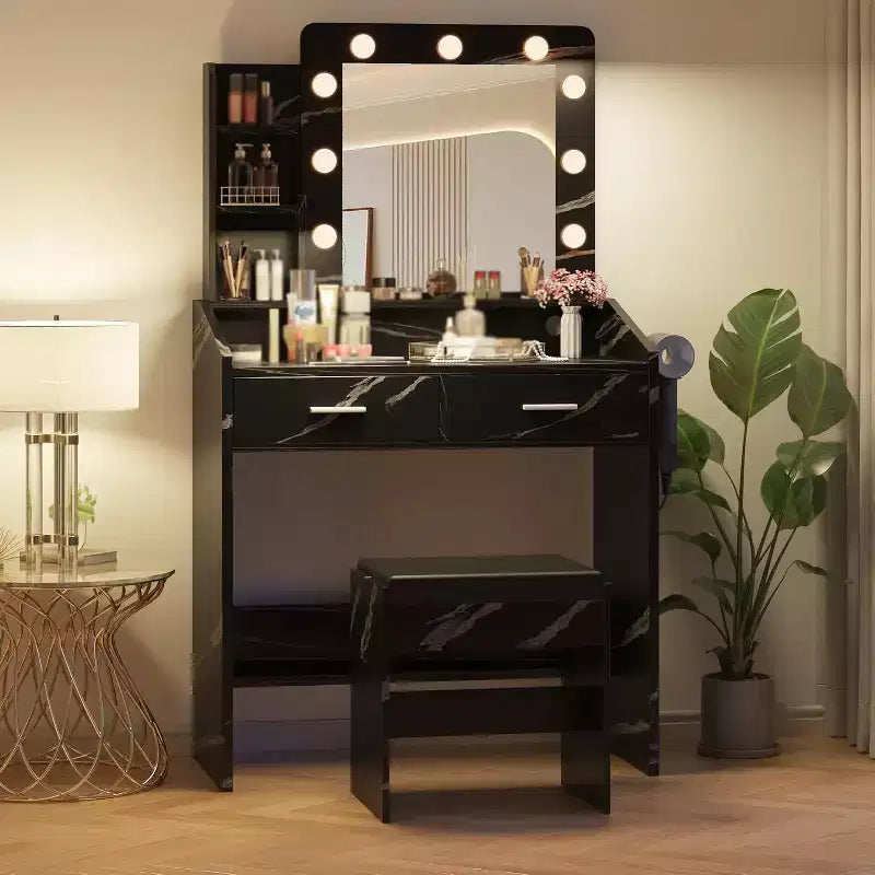 Toeletta con Specchio, Sgabello e Luci a 3 Colori, Tavolo Trucco con Presa di Corrente, Tavolo da Trucco con Supporto per Asciugacapelli per Camera da Letto