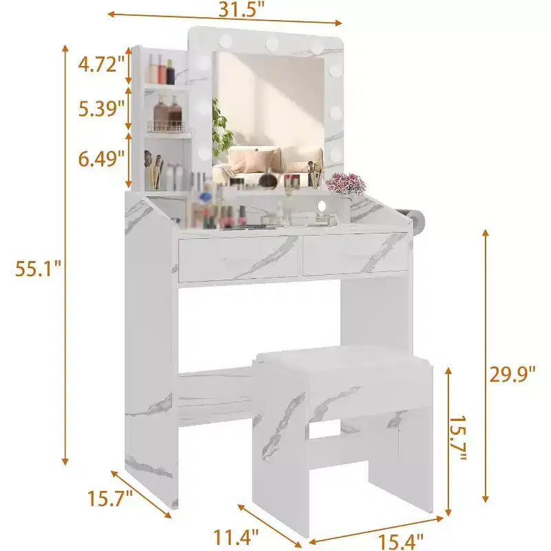Toeletta con Specchio, Sgabello e Luci a 3 Colori, Tavolo Trucco con Presa di Corrente, Tavolo da Trucco con Supporto per Asciugacapelli per Camera da Letto