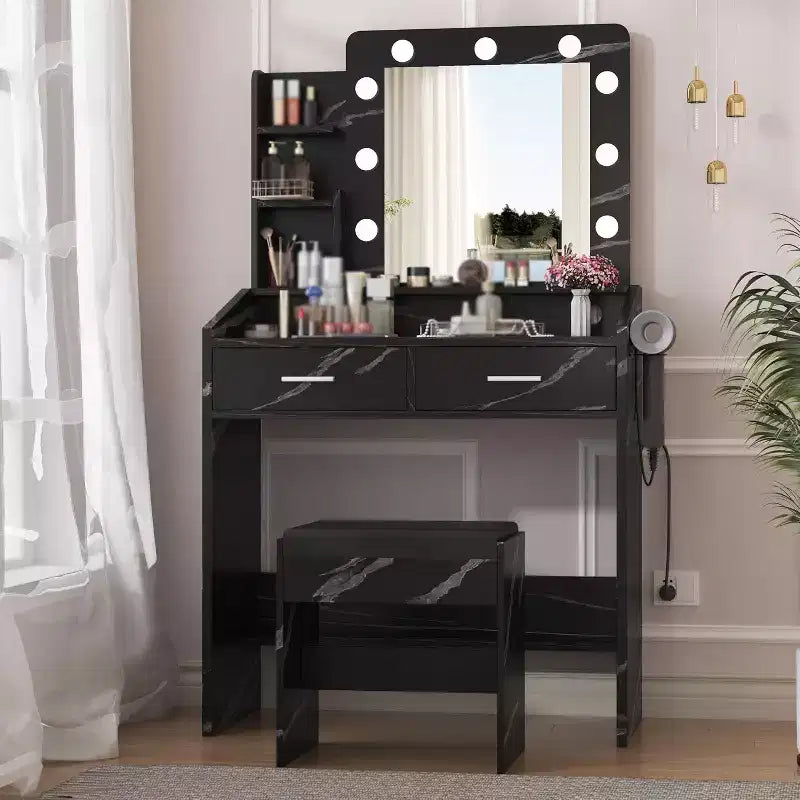 Vanity Desk with Mirror, Stool and Lights 3 Colors, Makeup Table with Power Outlet, Dressing Table with Hairdryer Holder for Bedroom