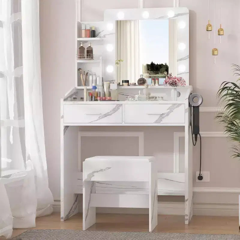 Toeletta con Specchio, Sgabello e Luci a 3 Colori, Tavolo Trucco con Presa di Corrente, Tavolo da Trucco con Supporto per Asciugacapelli per Camera da Letto