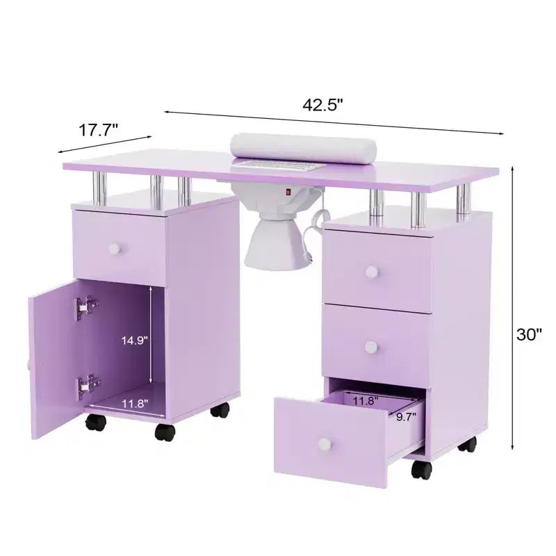 Tavolo da Manicure Bianco da 42,5" per Salone con 3 Cassetti – Postazione per Unghie in MDF per Casa o Salone